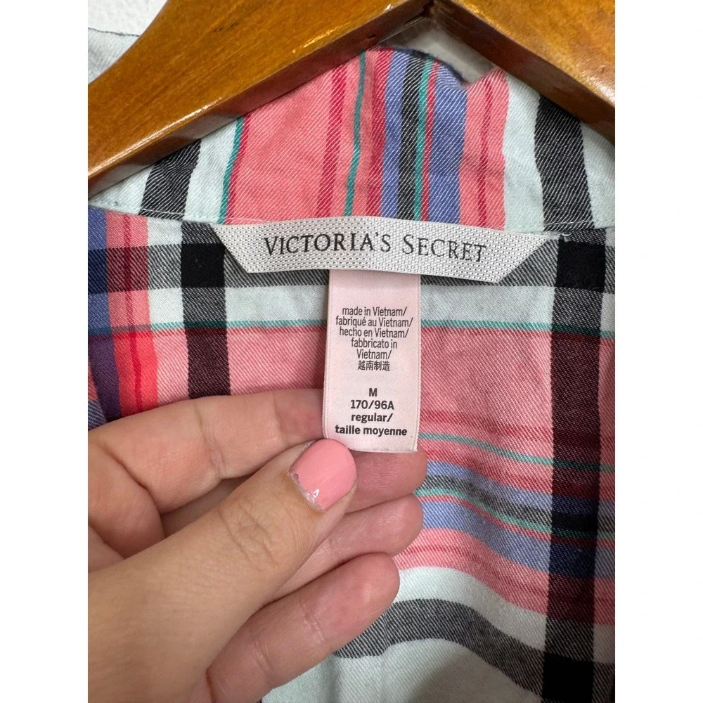 Victorias‎ Secret Pajama Set Womens Medium Pink Blue Plaid Cotton Modal 2 Piece